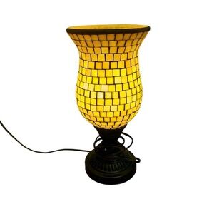 Mosaic Tile Hurricane Lamp Table Gold Brown Ornate Heavy